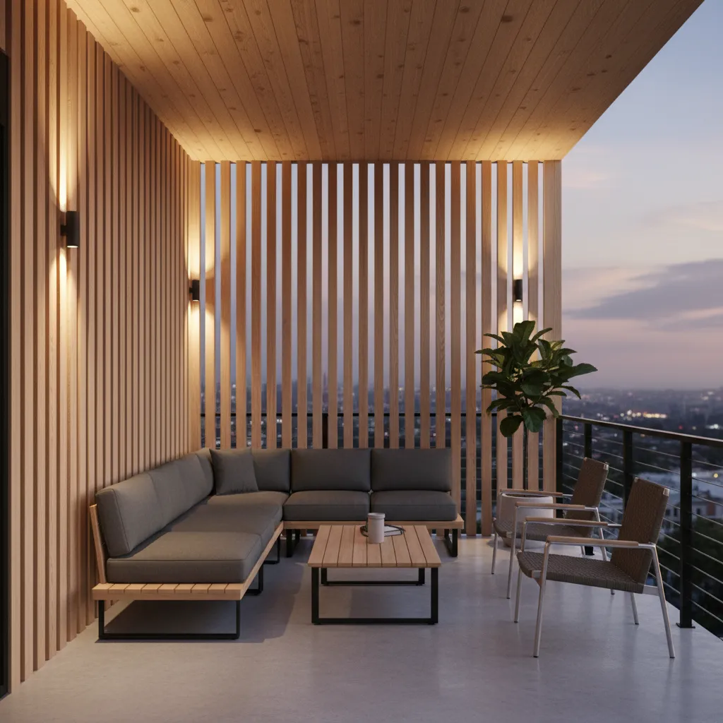 upper stacked porch with privacy screens and evening lighting