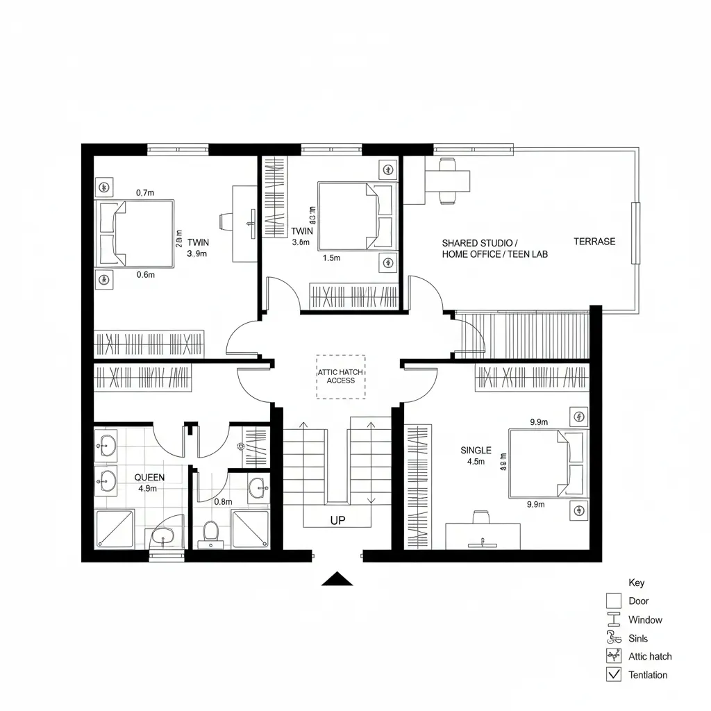 Upper level plan with three bedrooms, studio, and terrace light