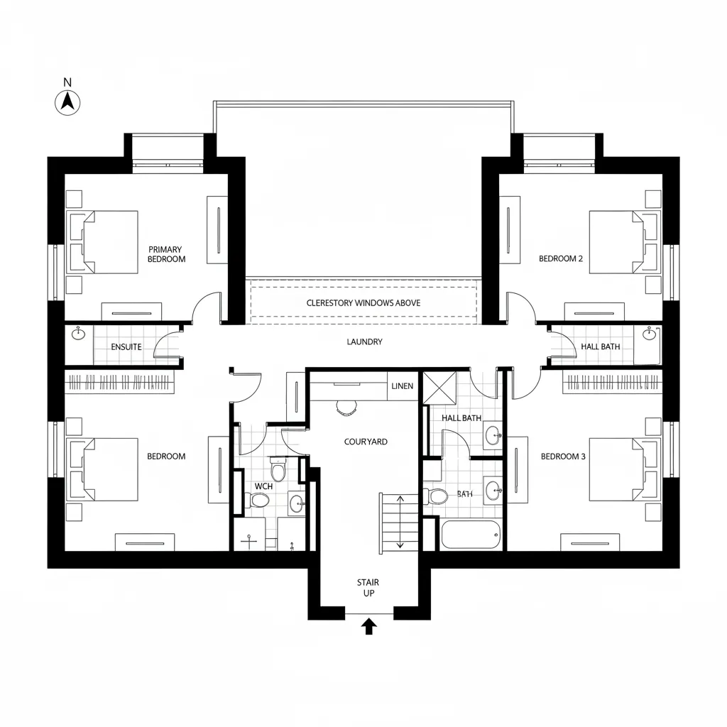 Upper-level U-shaped floor plan with bridge gallery and private suites