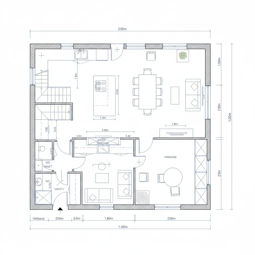 Upper level L-plan living, dining, kitchen with terrace node floor plan