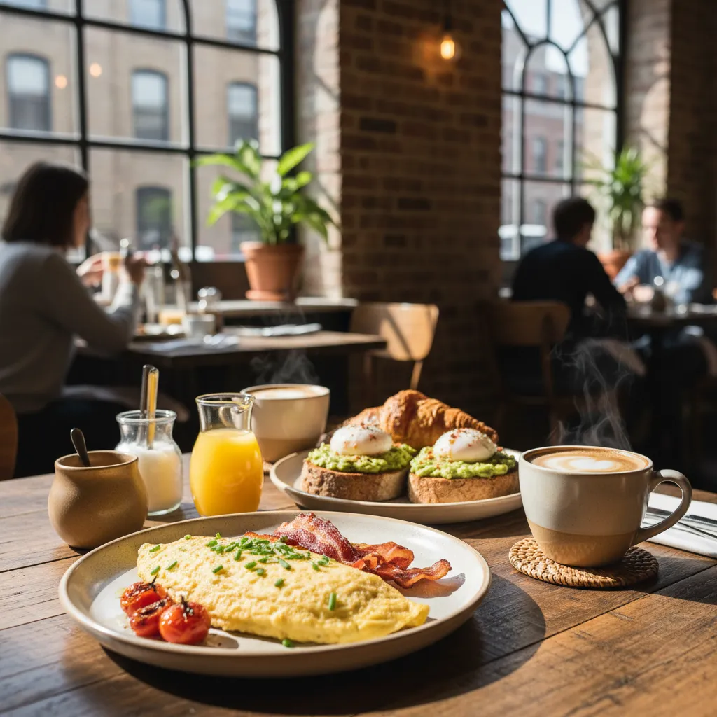 Brunch dishes on a wooden table at a casual Upper West Side cafe