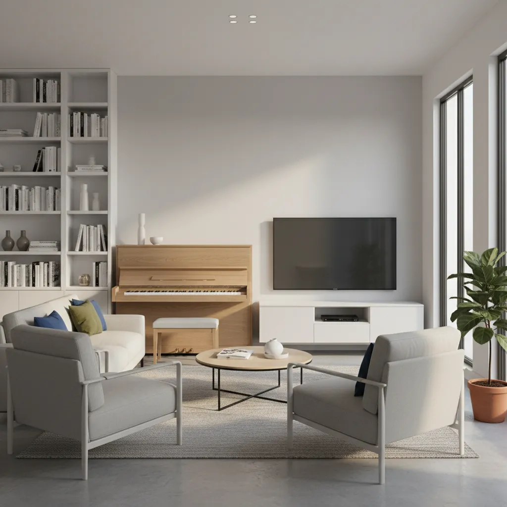 Upright piano aligned with shelving and furniture on wall
