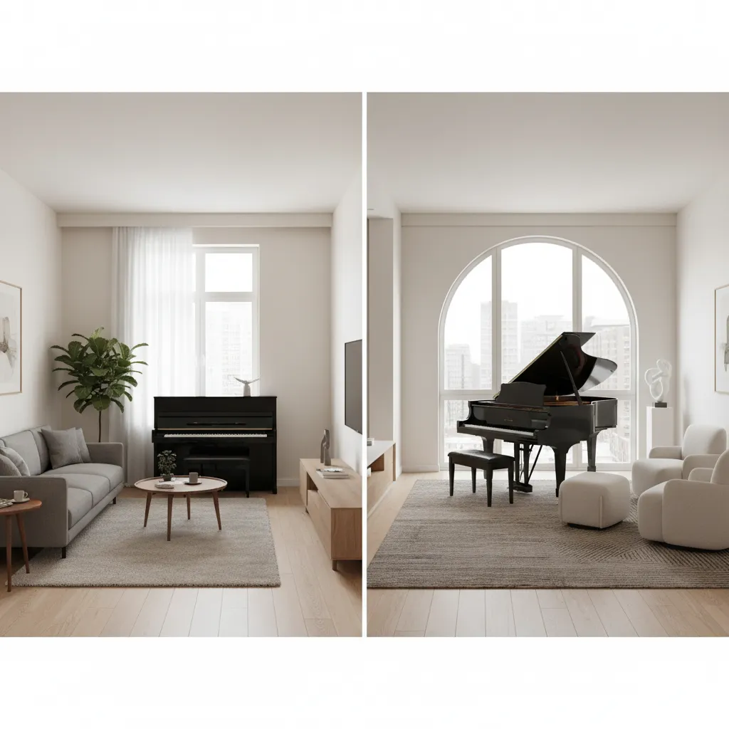 Comparison of upright piano and baby grand in small living room