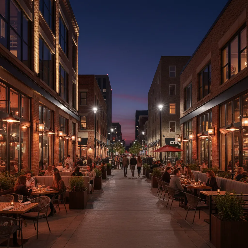 Vibrant upscale restaurant district in a mid sized American city at night