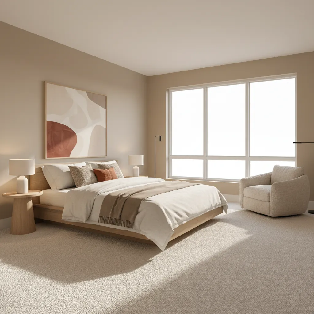 Comfortable carpeted bedroom located on the second floor of a modern house
