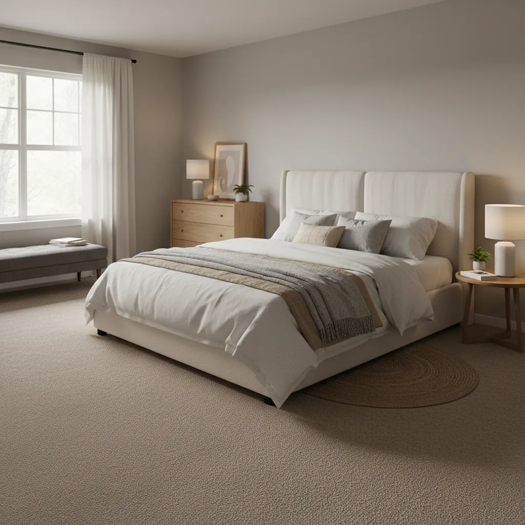 Second floor bedroom with soft carpet flooring and neutral interior design