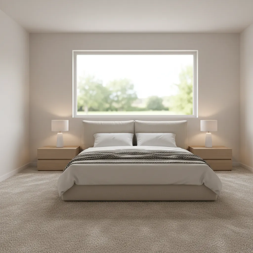 upstairs bedroom with soft carpet flooring and natural daylight
