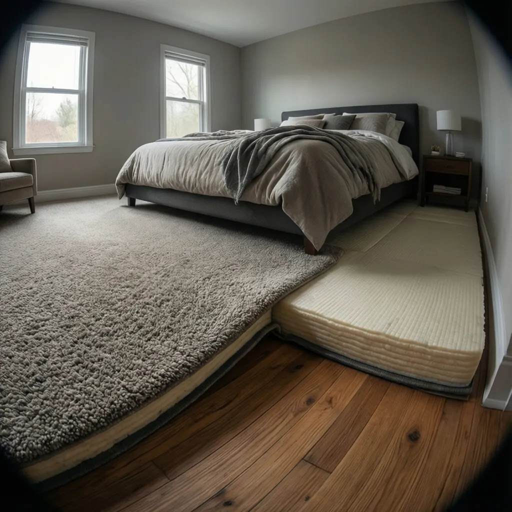 Second floor bedroom carpet lifted to show dense foam carpet padding