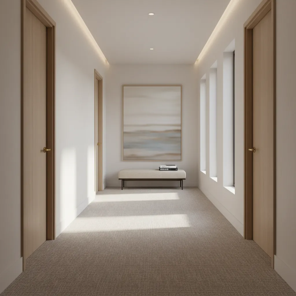 Carpeted second floor hallway connecting multiple bedrooms in a residential home