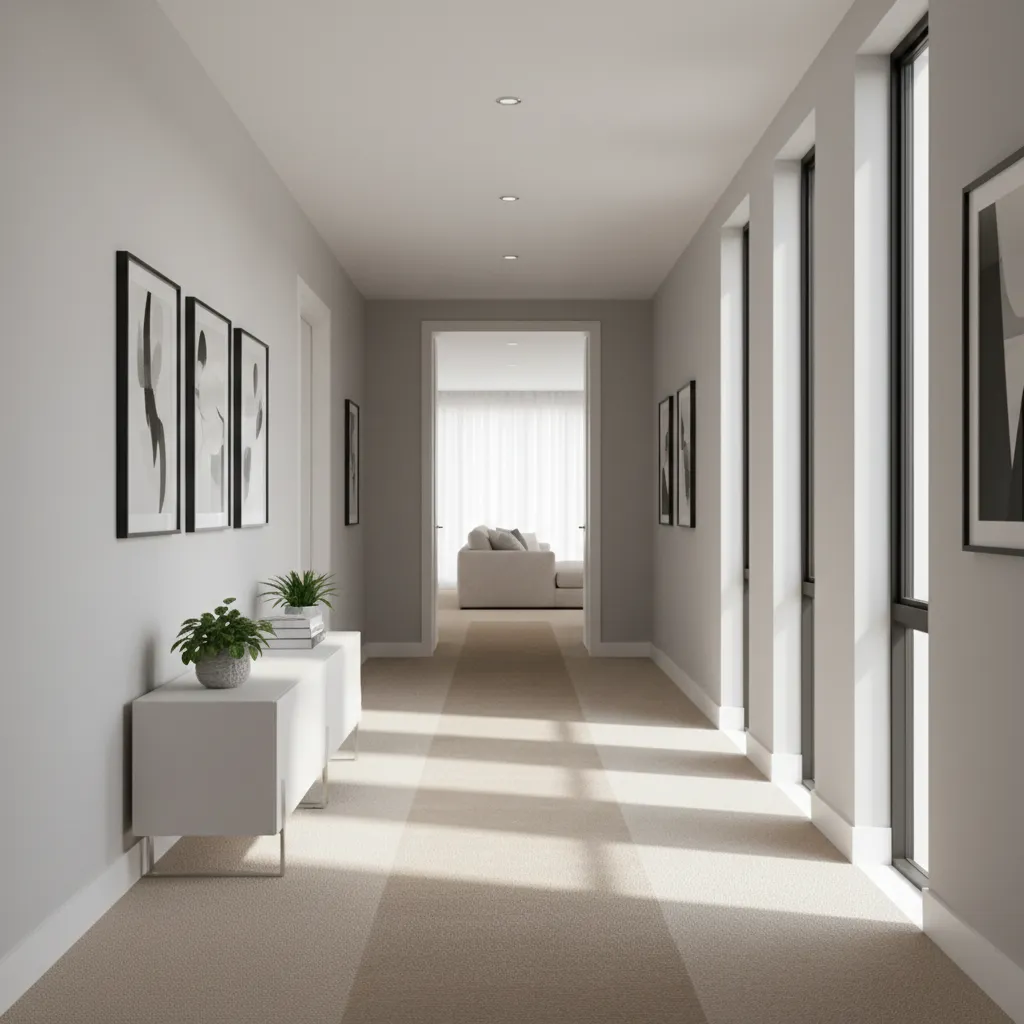 upstairs hallway carpet showing heavy traffic wear path