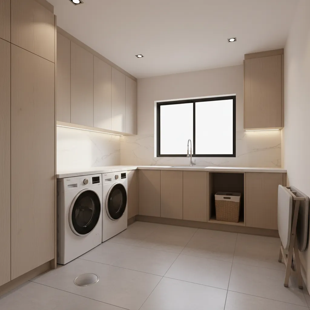 Second floor laundry room with floor drain behind washer and tile flooring