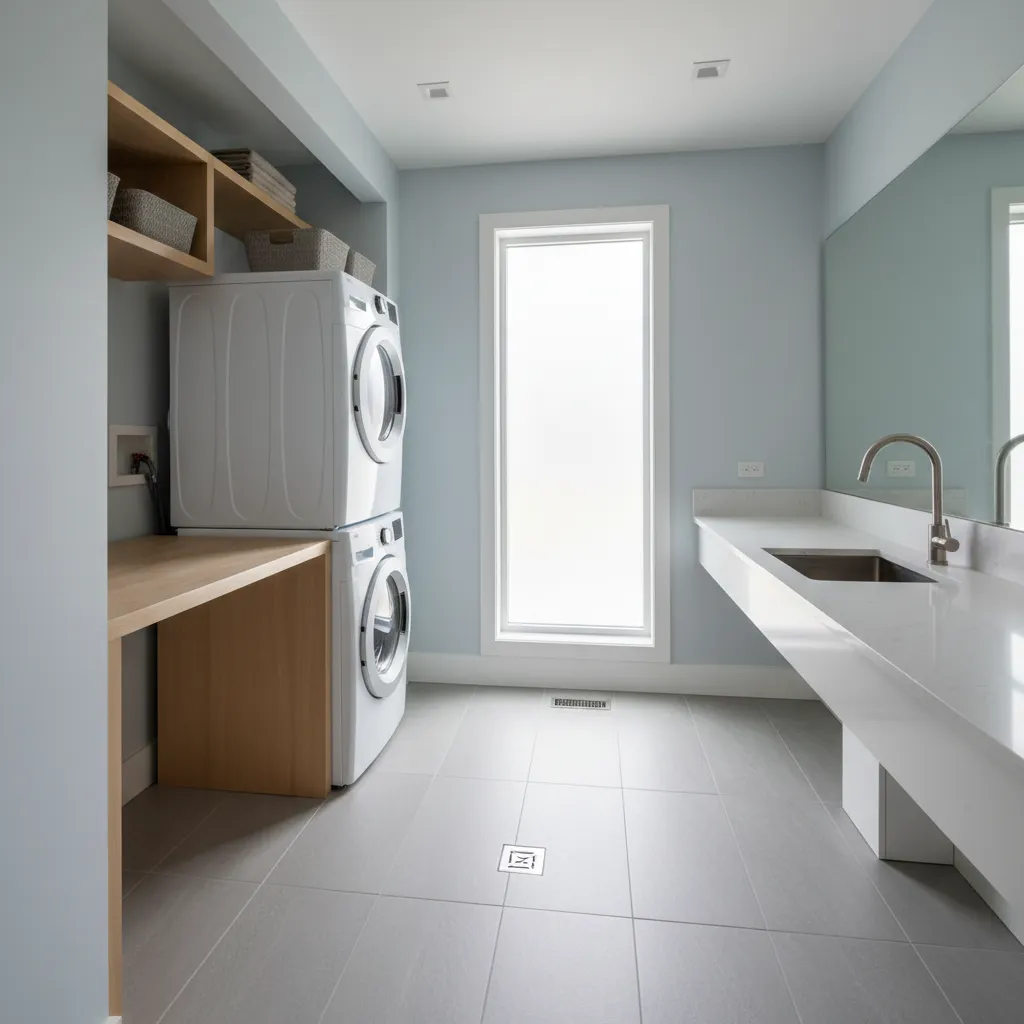 Upstairs laundry room with tiled floor and central floor drain near washer