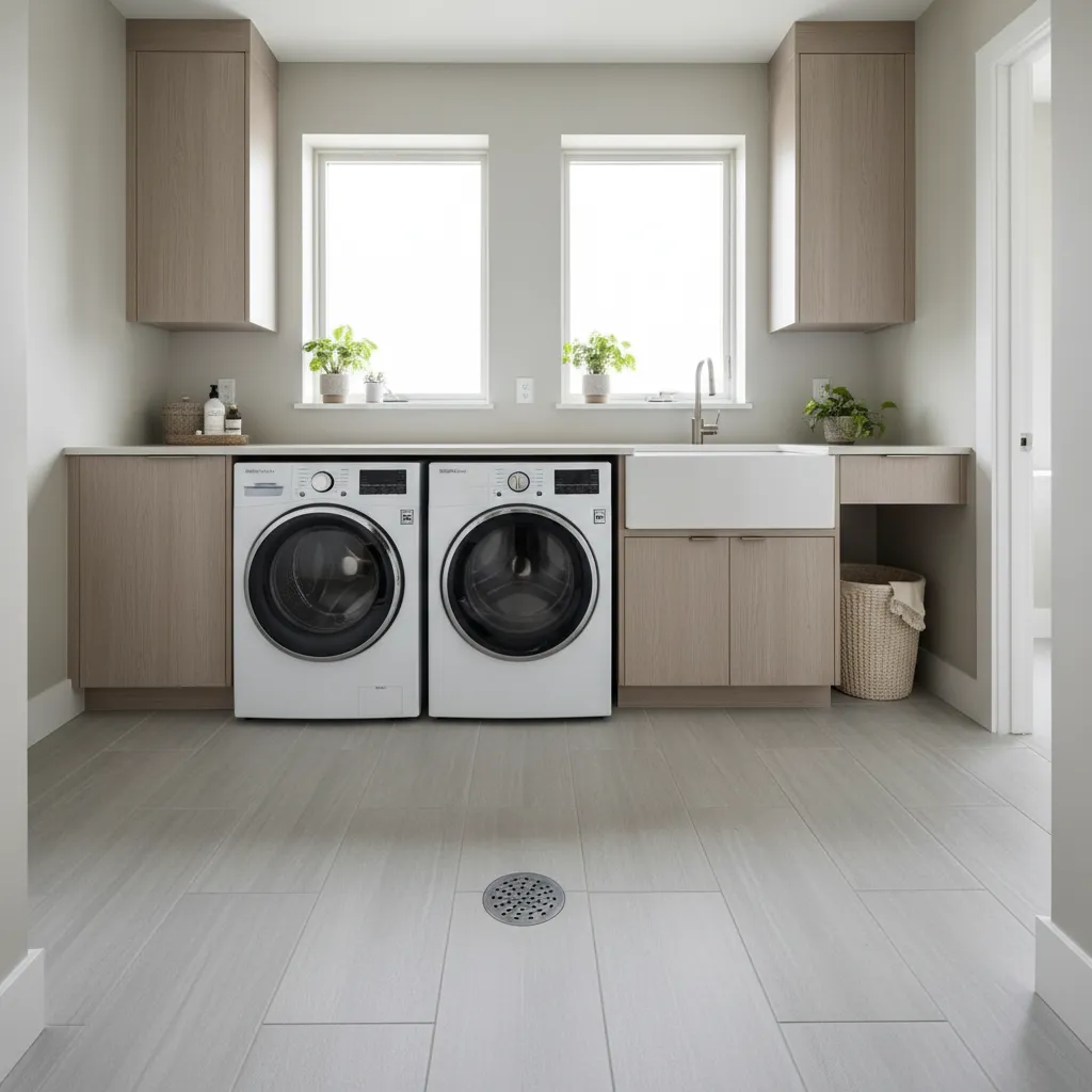 Upstairs laundry room with tile floor and central floor drain near washer