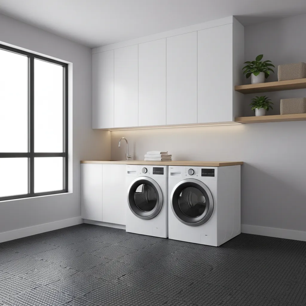 Upstairs laundry room designed with rubber flooring to reduce structural noise
