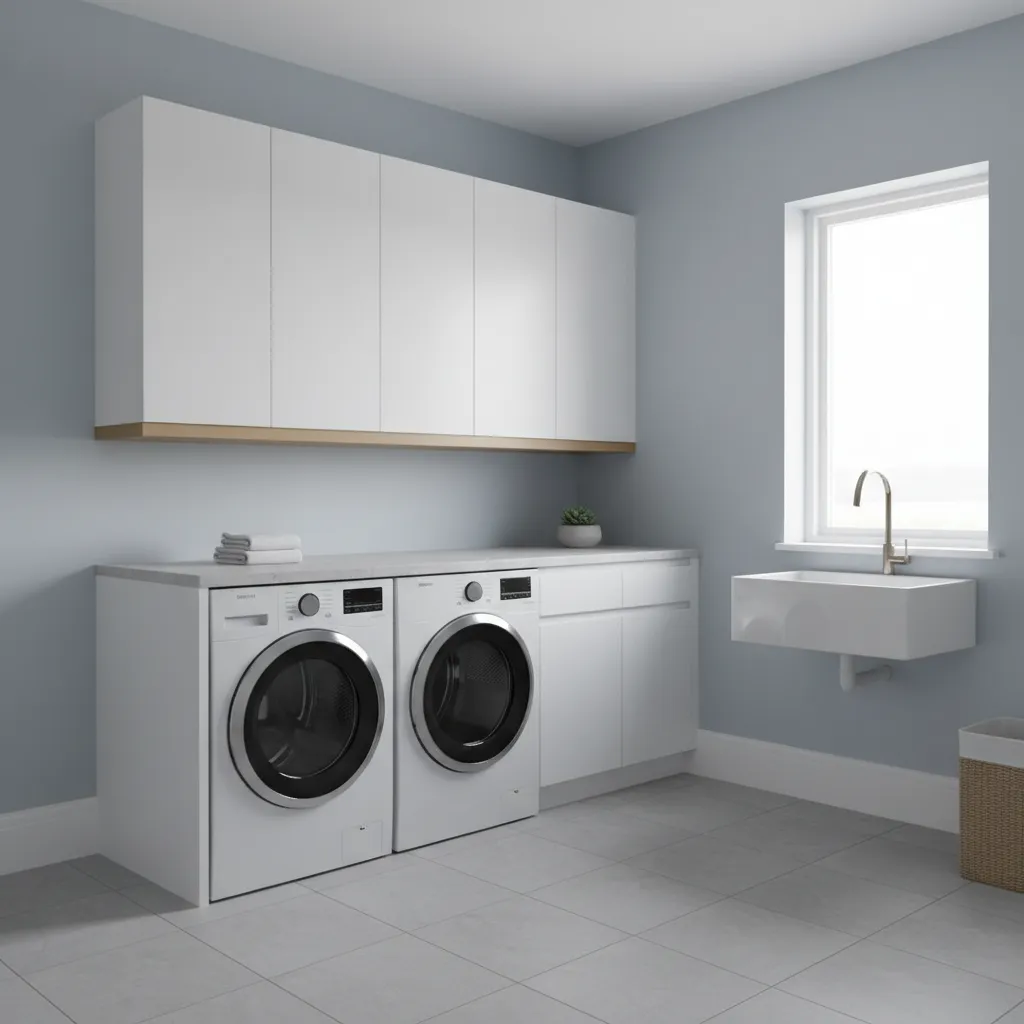 Second floor laundry room with waterproof tile floor and washing machine setup