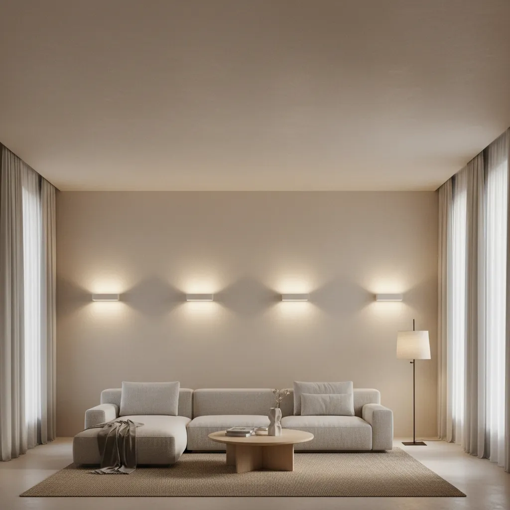 Wall sconces casting light upward in a low ceiling living room