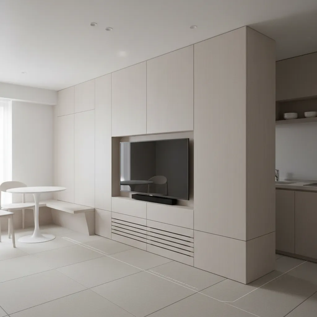 2LDKでテレビが静かに働く配置について: 高密度都市の居住における視線と動線を整える、控えめなテレビの居場所