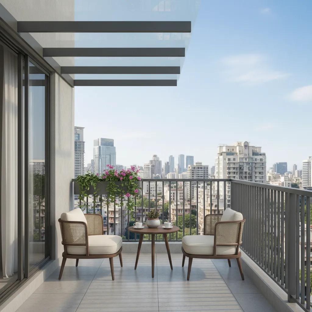 Small apartment balcony with transparent glass canopy roof and seating