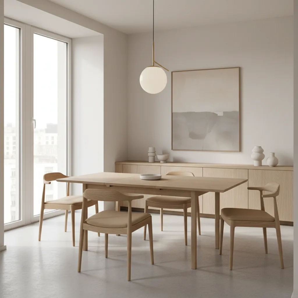 Expandable dining table used in a small urban apartment dining space