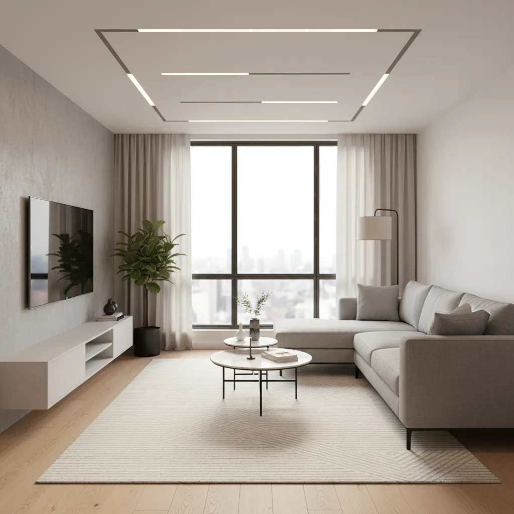 Modern apartment living room with slim false ceiling and linear lighting