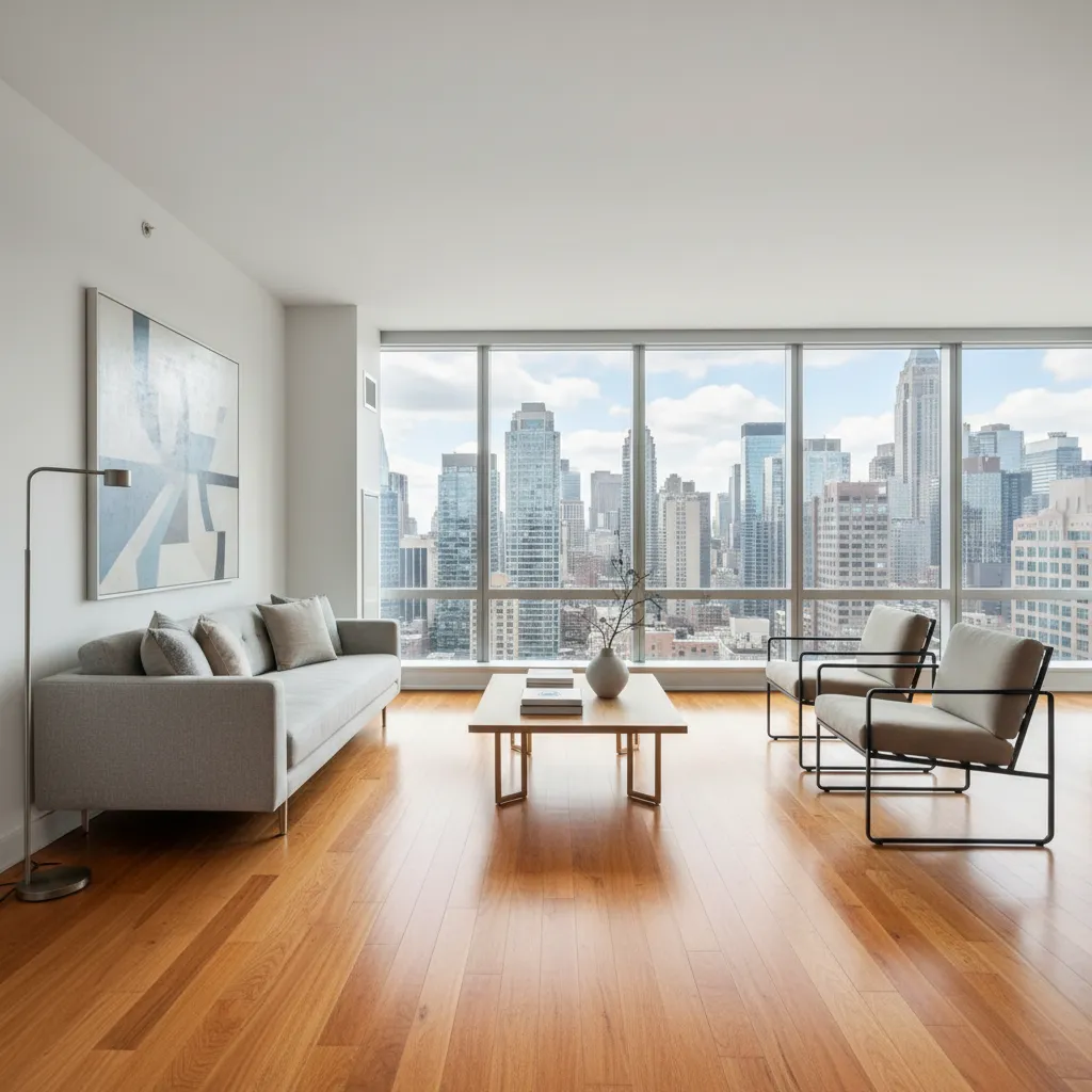 Urban apartment interior with hardwood flooring and city skyline view