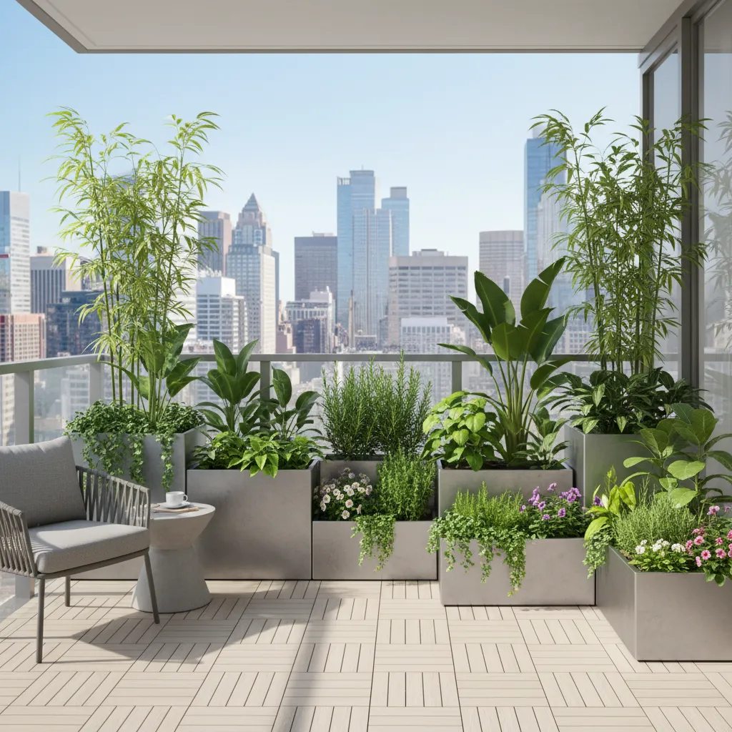 urban balcony with professionally maintained container plants