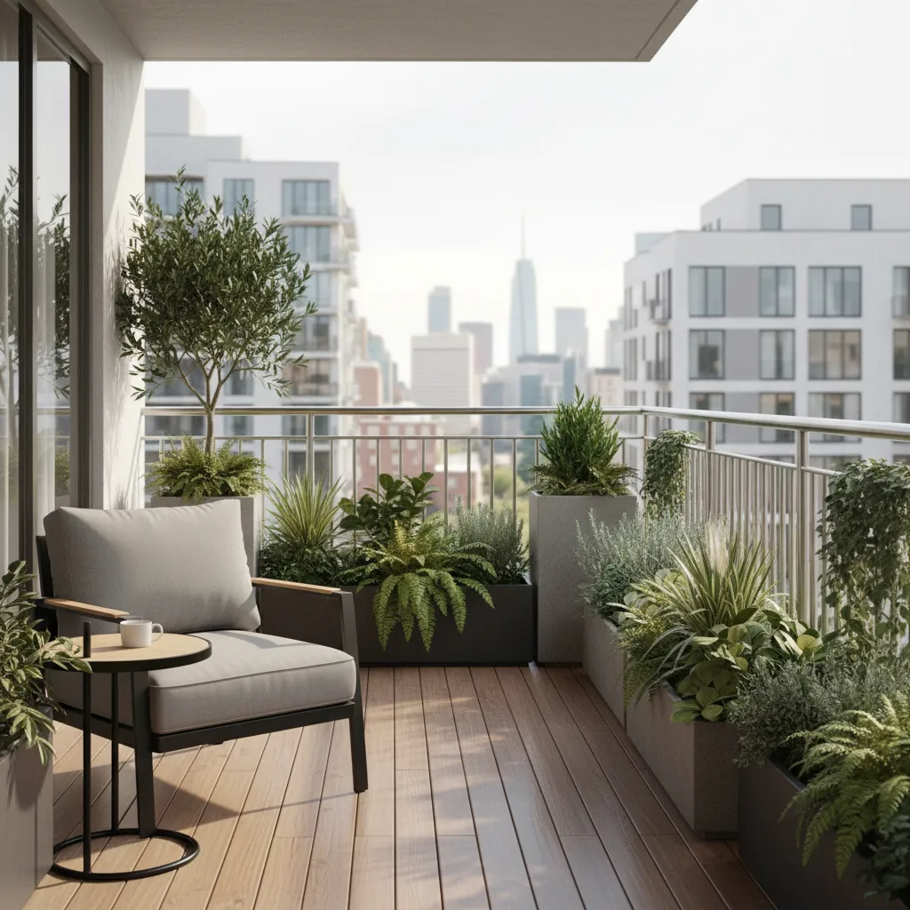 Stylish apartment balcony garden with layered plants and seating area