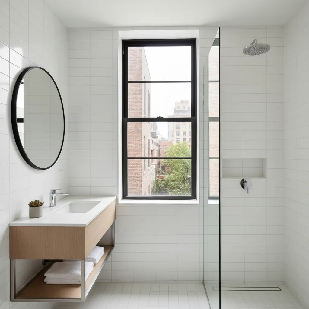 Small urban bathroom with aluminum window allowing natural light