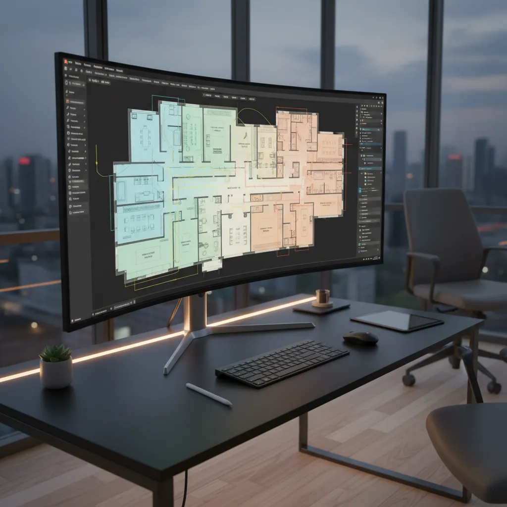 digital building floor plan analysis with zoning and circulation highlighted