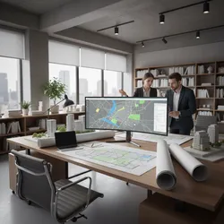 Two people look at city map on large monitor in office with building models nearby