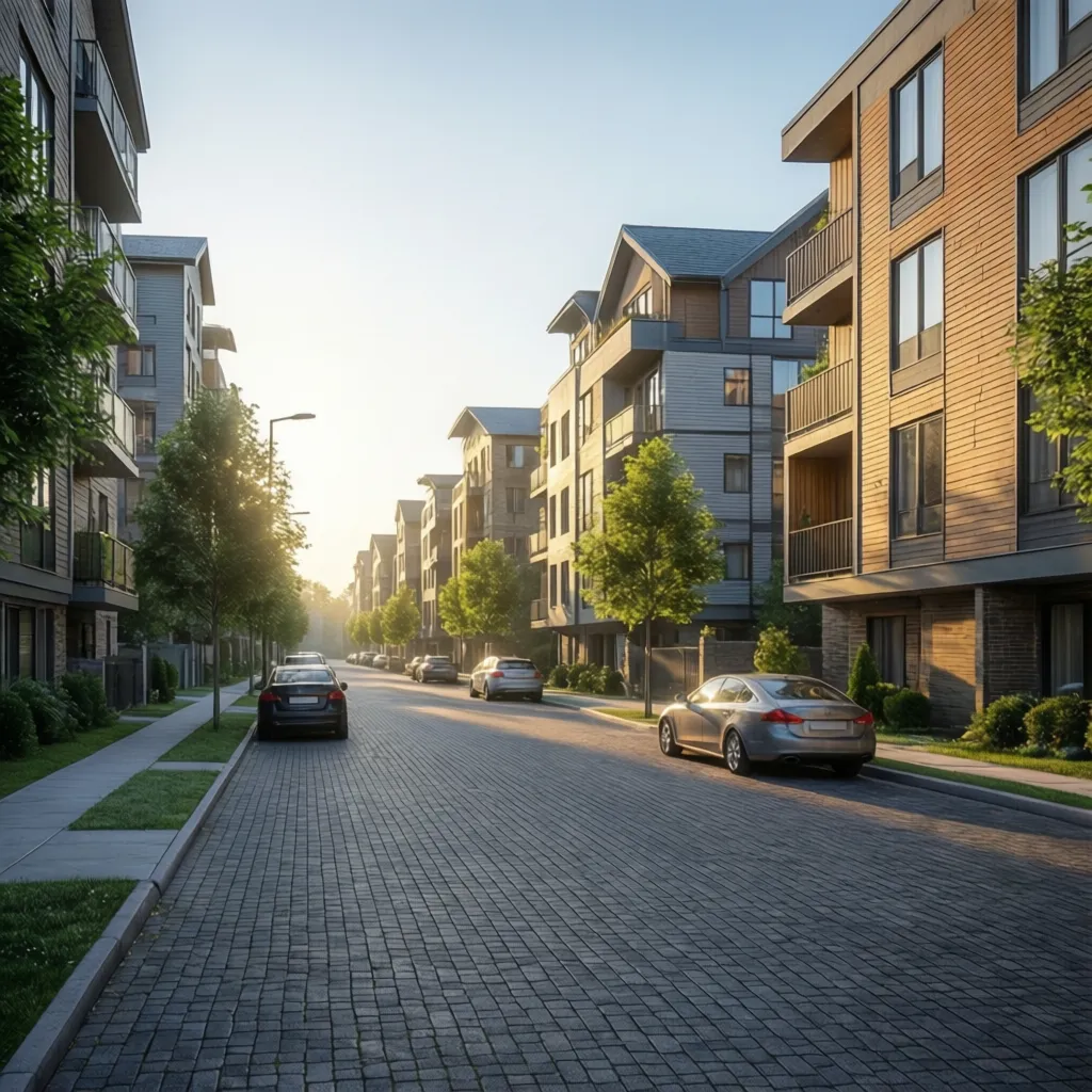 Urban neighborhood showing east-facing houses aligned along a street grid