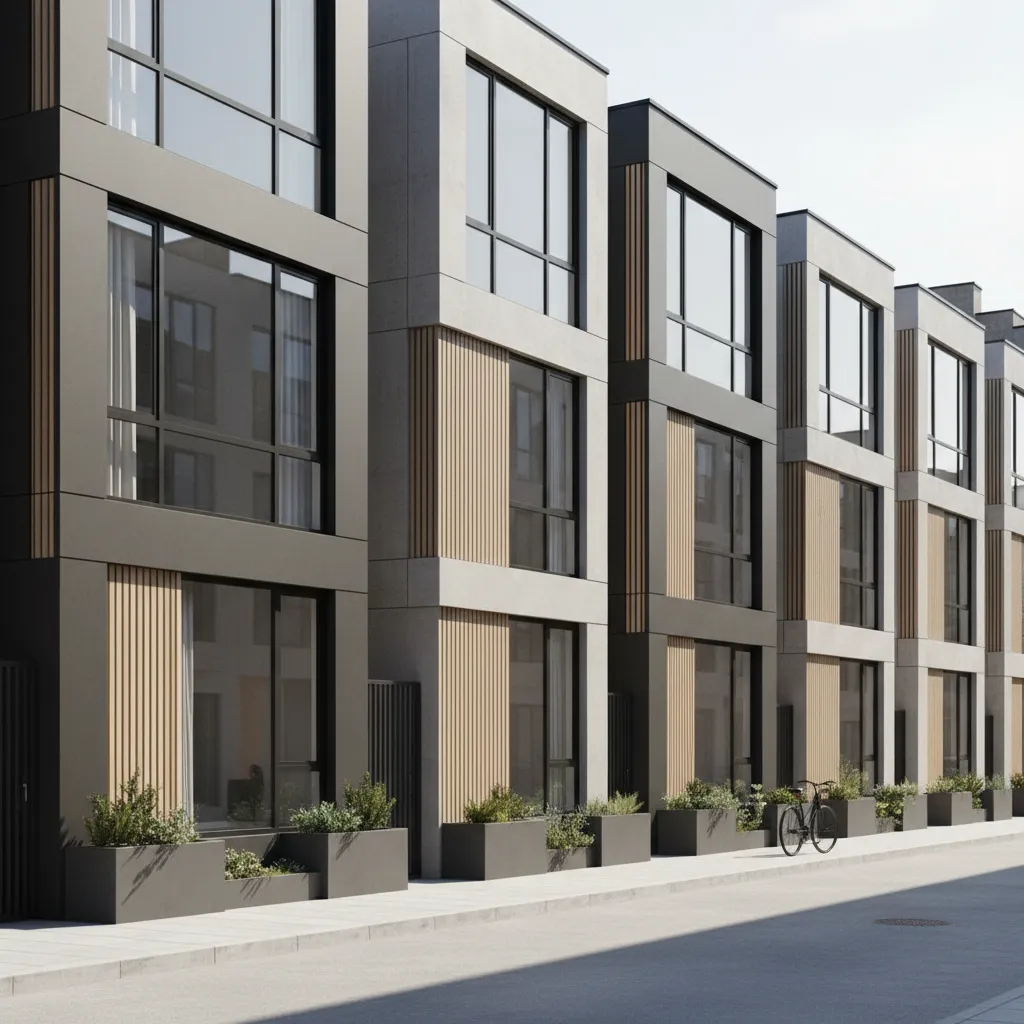 row of narrow three story urban infill homes