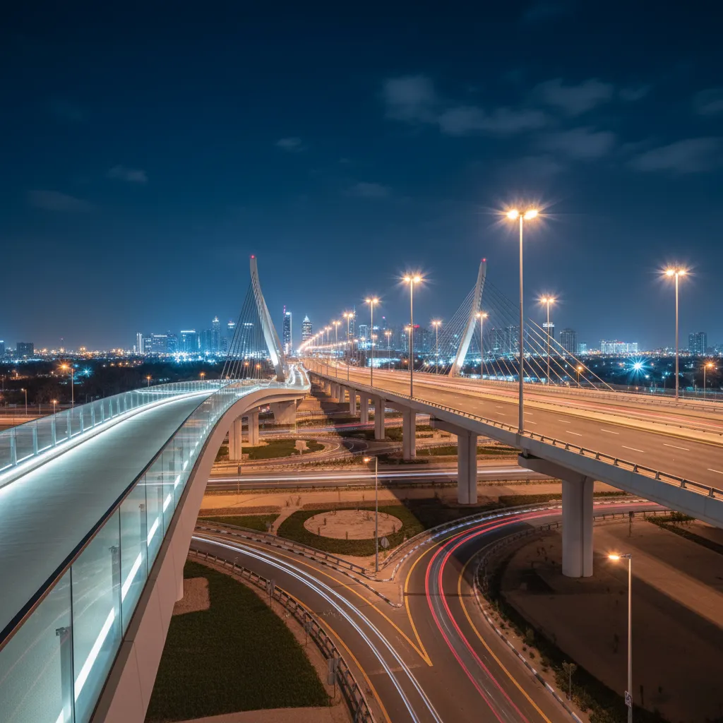 urban infrastructure lighting on a modern UAE bridge and highway at night