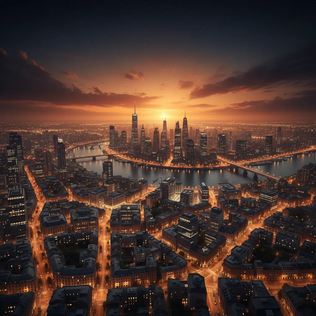 City skyline at night with visible skyglow caused by excessive outdoor lighting