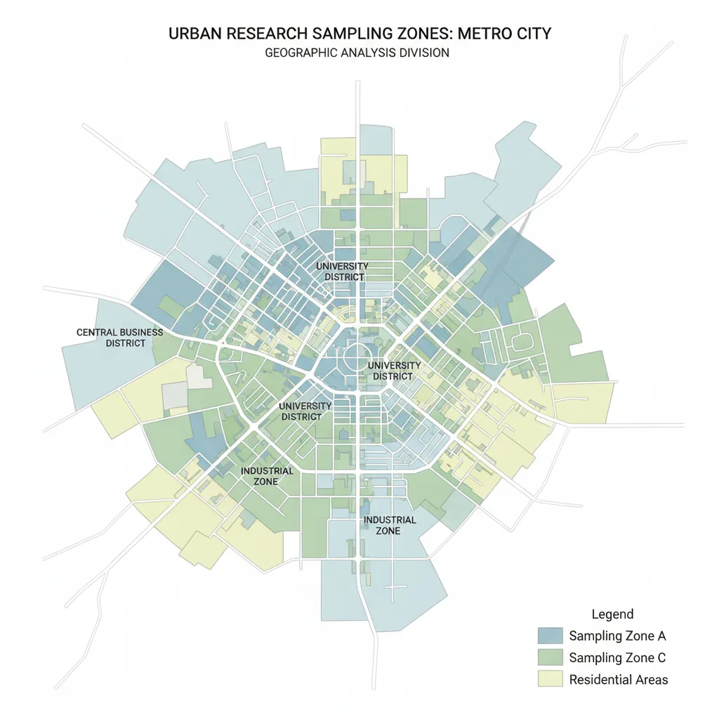 Map style visualization showing urban zones used for linguistic landscape sampling