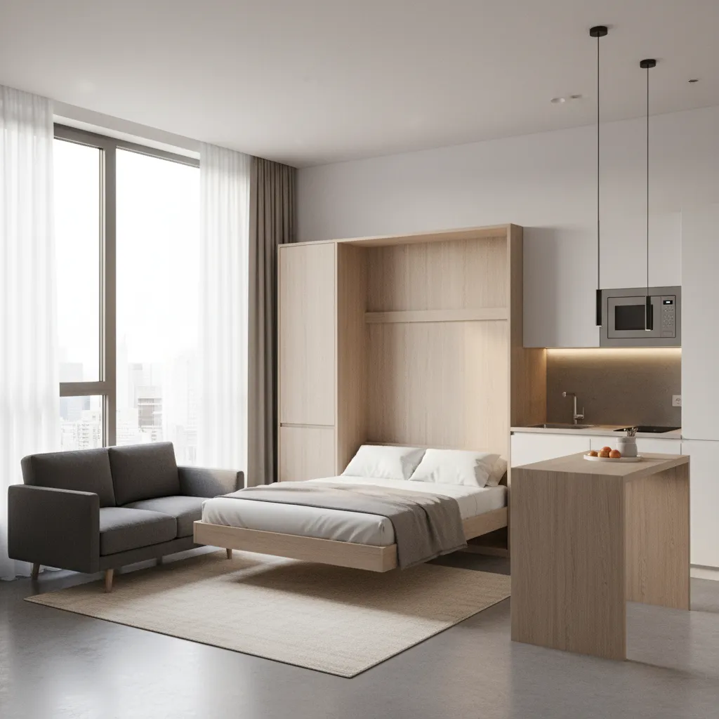 Example of a compact urban micro apartment interior with multifunctional furniture