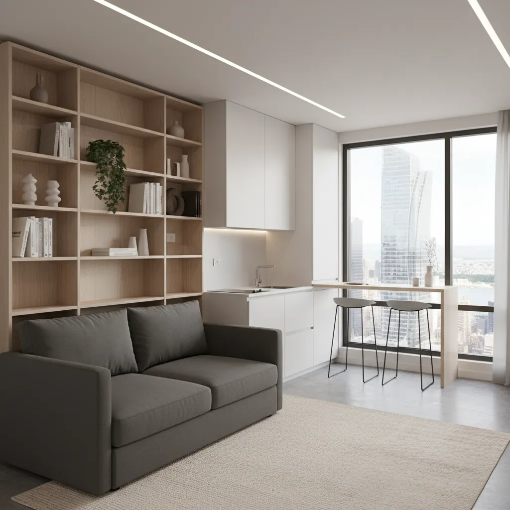 Compact city micro apartment with sofa bed small kitchen and storage wall
