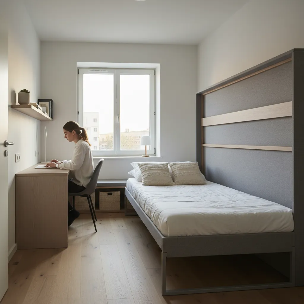 Young professional living in a modern micro apartment with compact workspace and sleeping area