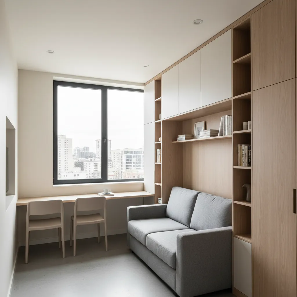 compact urban micro apartment living area with sofa bed and storage wall