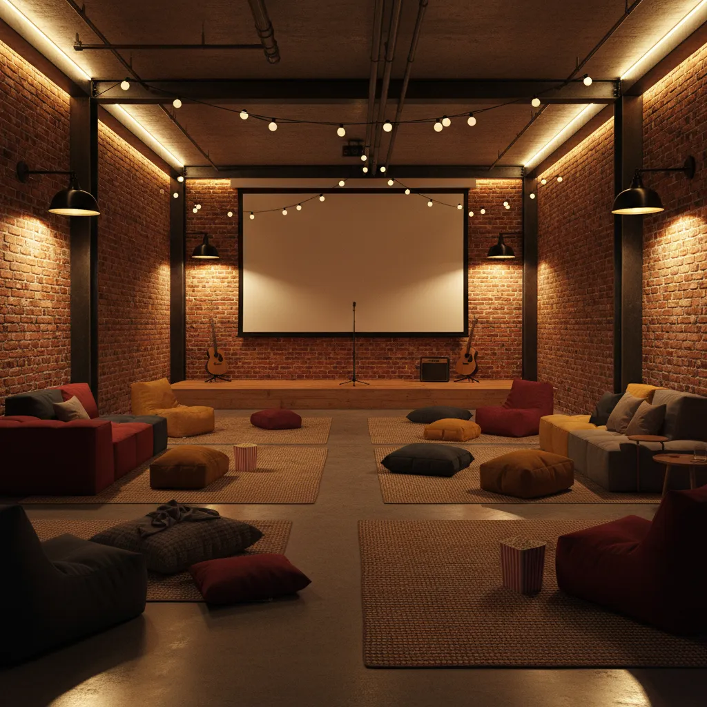 urban warehouse style micro cinema with flexible seating and projection screen