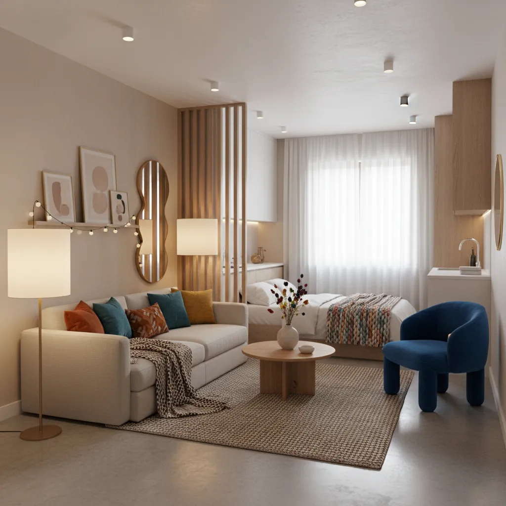 Small apartment styled with minimal statement decor pieces