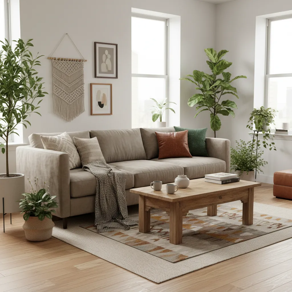 Urban Outfitters inspired living room with vintage textures and warm tones