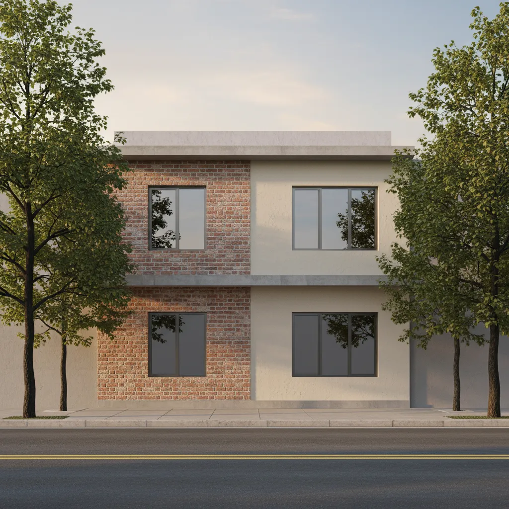 Modern pakka house built with brick and reinforced concrete in an urban neighborhood