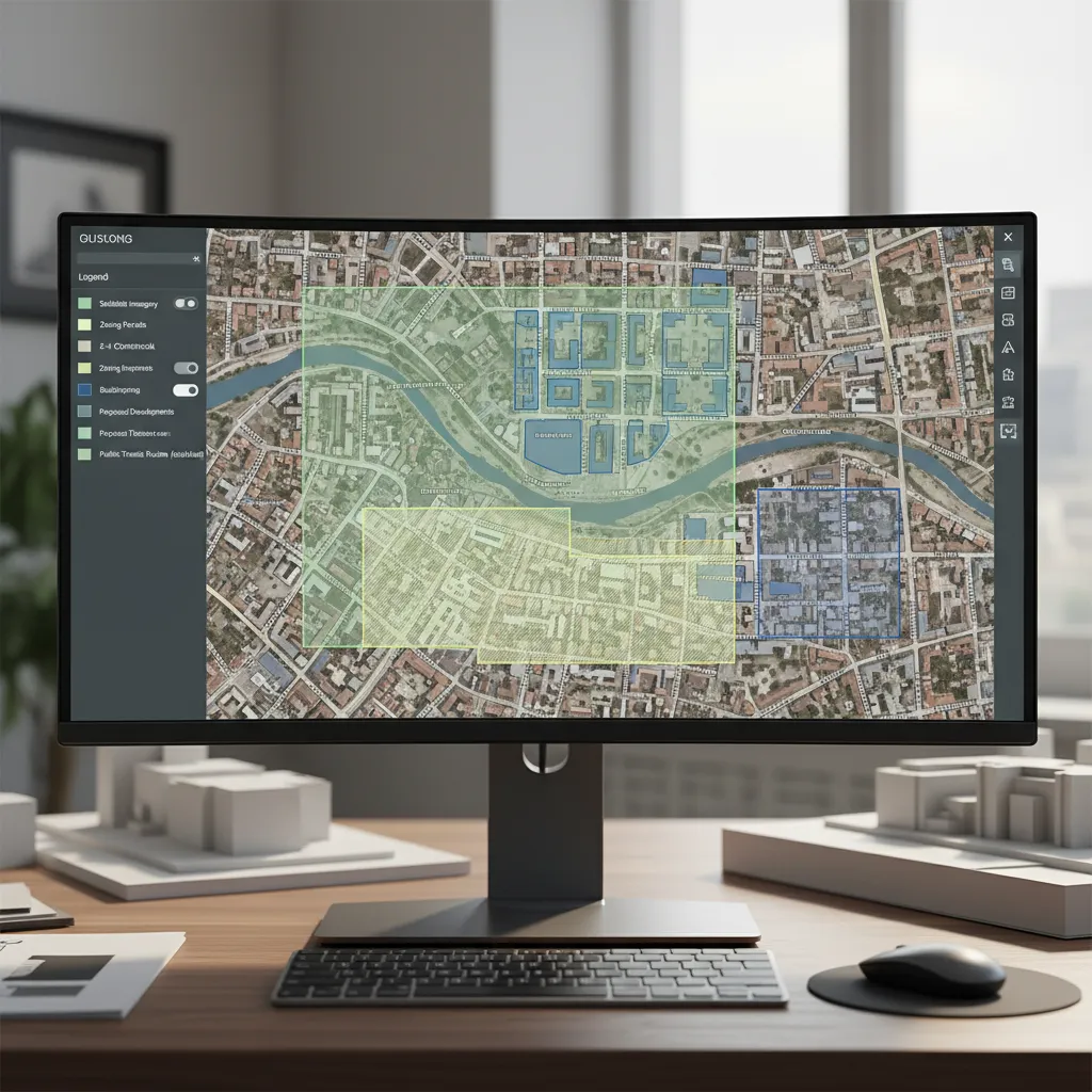 Urban GIS data layers showing parcel boundaries zoning and building footprints