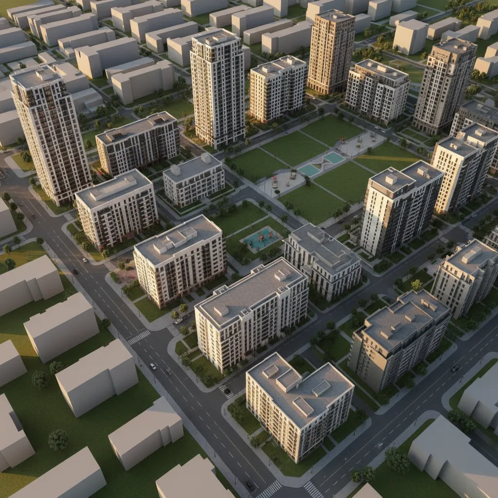 Large digital 3D model of a residential neighborhood used for urban planning visualization