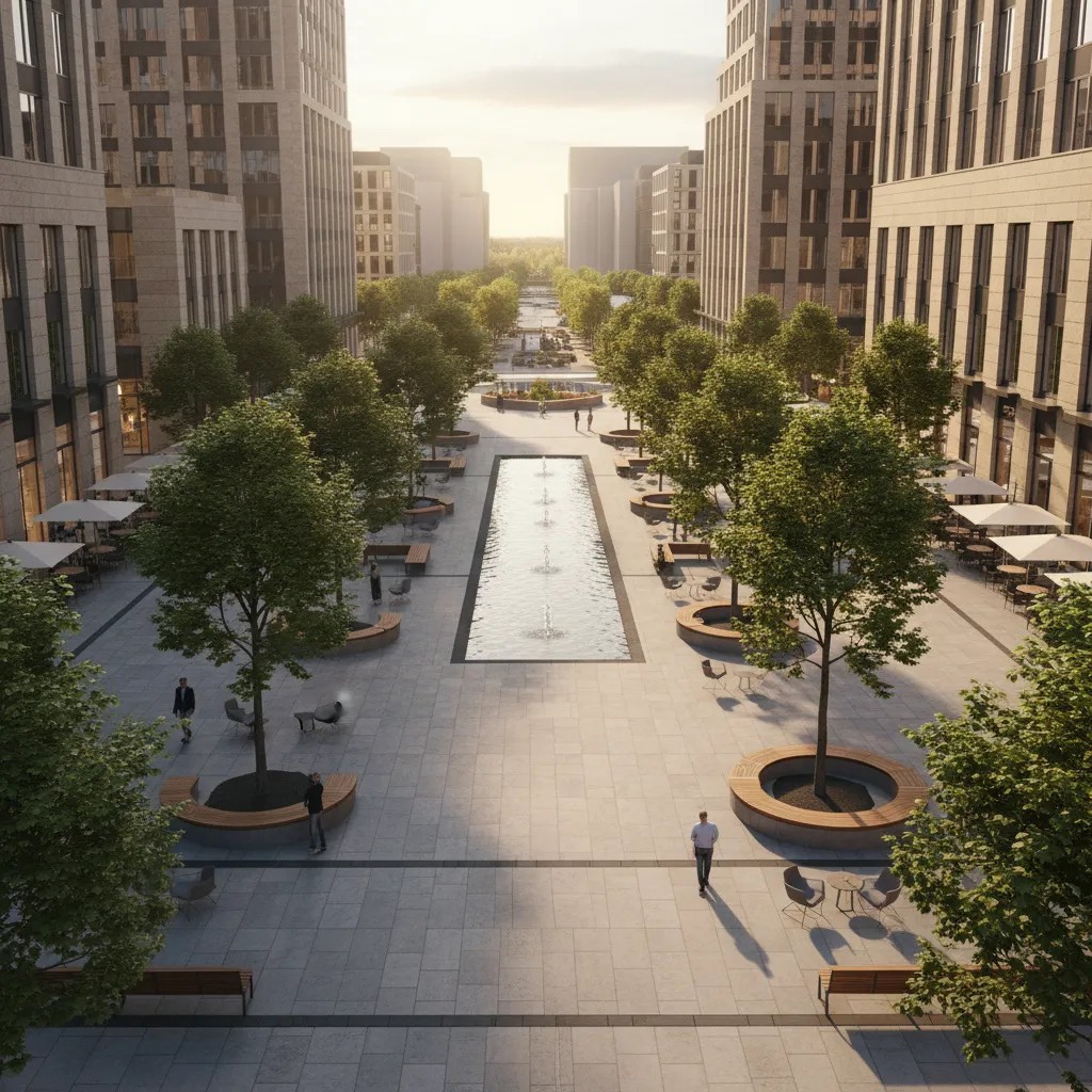 Urban plaza 3D landscape rendering showing pedestrian space trees and seating