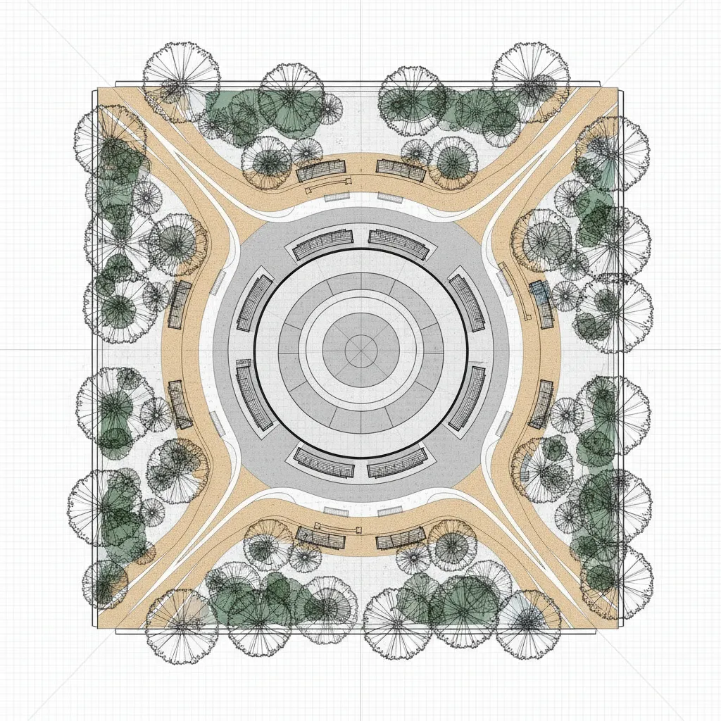 Urban plaza landscape layout with seating trees and pedestrian circulation drawn in CAD