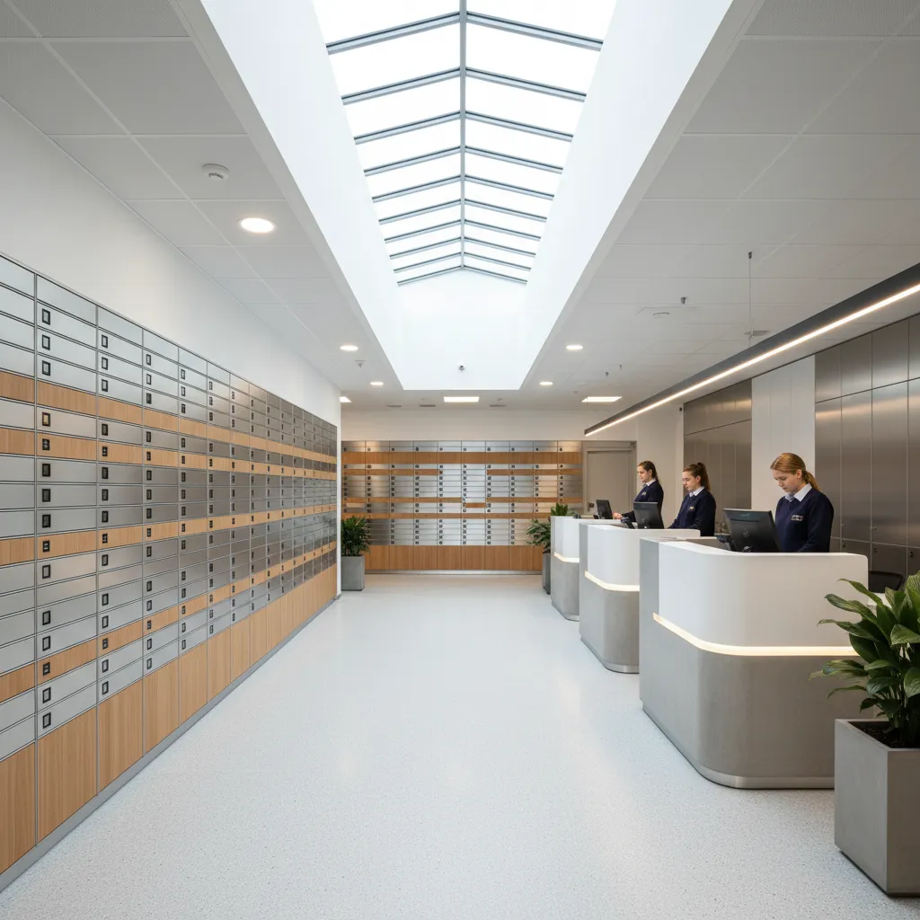 compact urban post office interior with parcel lockers and service counters