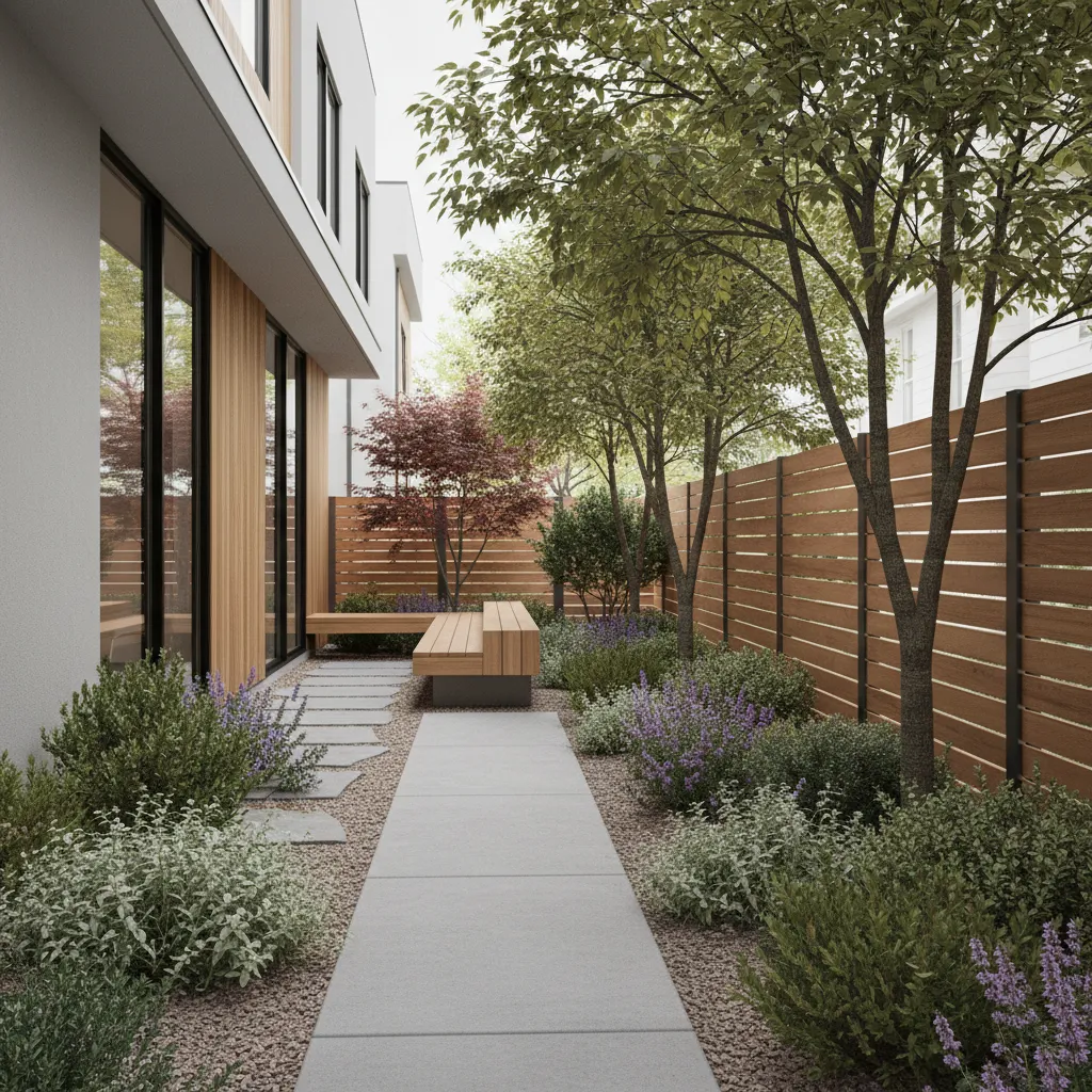 Urban residential property edge with shrubs and small trees instead of large boundary trees