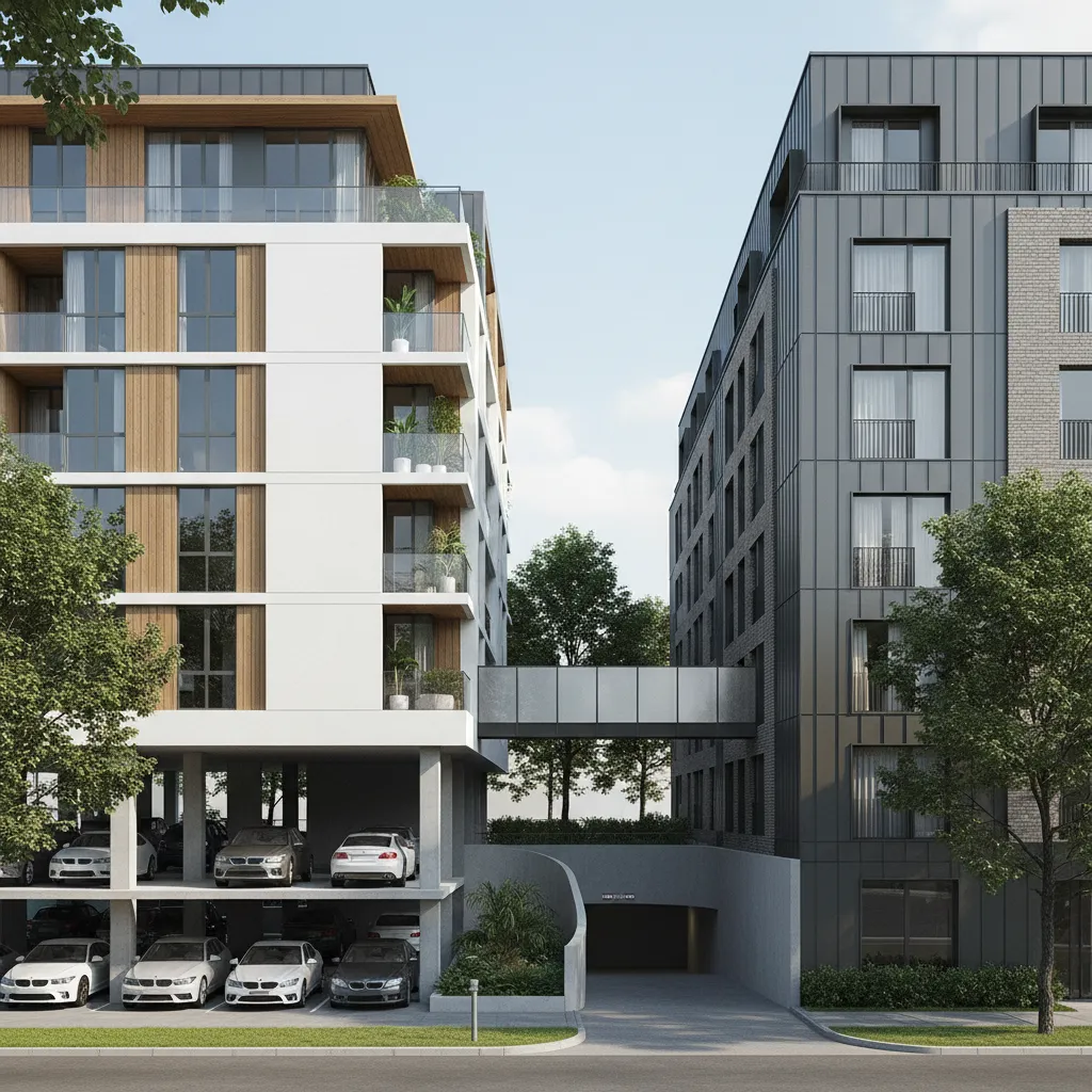 urban residential building showing basement parking ramp and stilt parking comparison